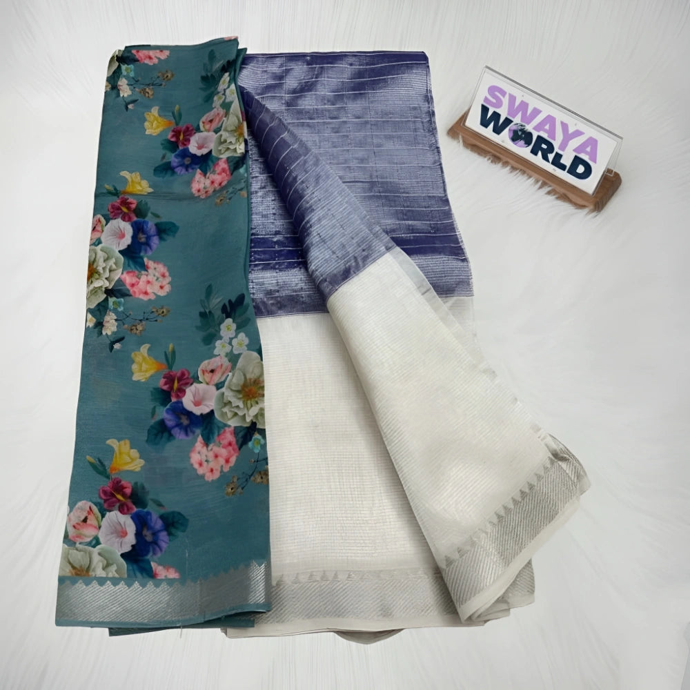 Two folded fabrics, one with floral pattern and the other with gradient design, on a white surface with 'Swaya World' branding.