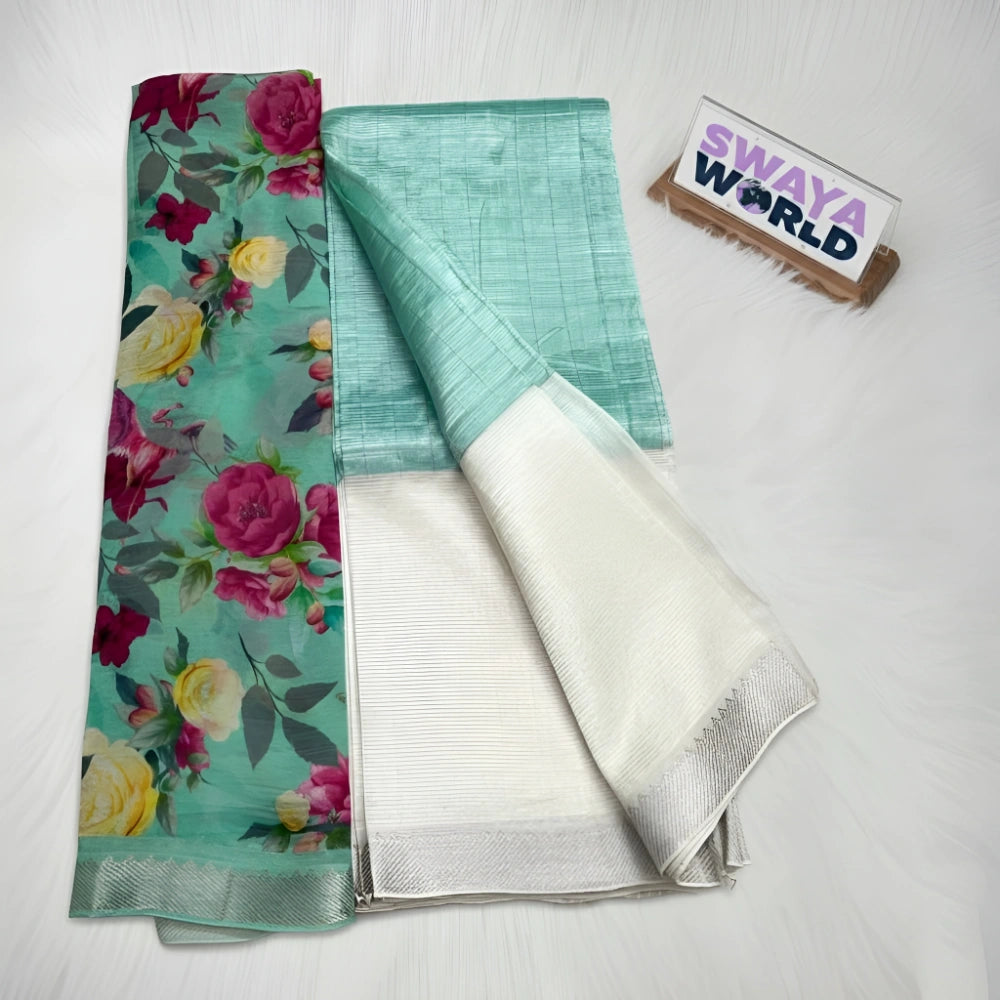 Teal fabric with floral pattern, plain green fabric, and white fabric on a white background with 'Swaya World' branding.
