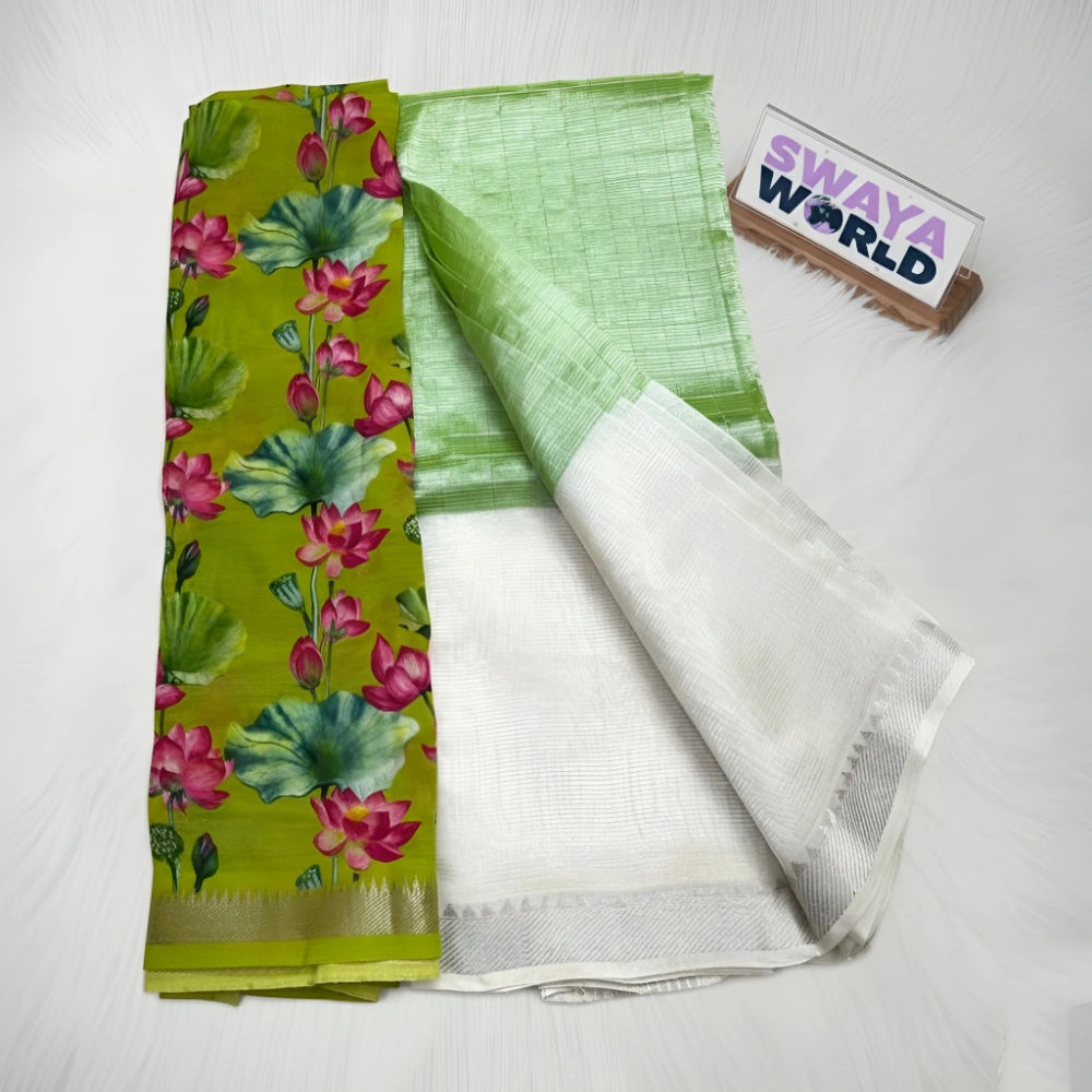 Green floral saree with a plain white saree and a 'Swaya World' box on a light gray background