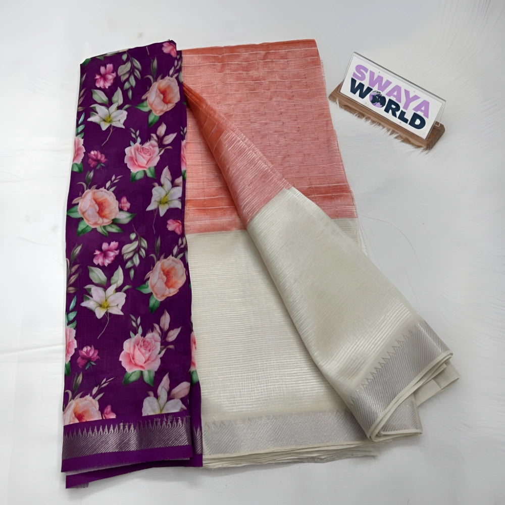Two sarees, one with floral pattern and the other plain, on a white background with 'Swaya World' branding.