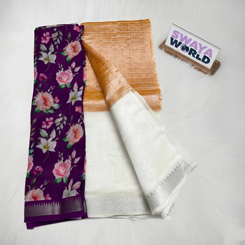 Saree with floral pattern, plain saree, and 'Swaya World' box on a white background
