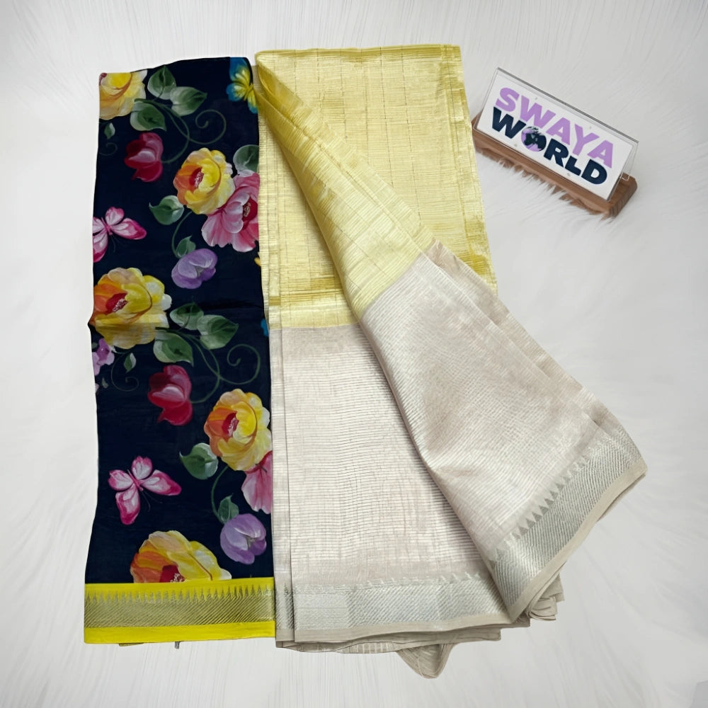 Saree with floral design and plain yellow and white pattern, branded 'Swaya World'.