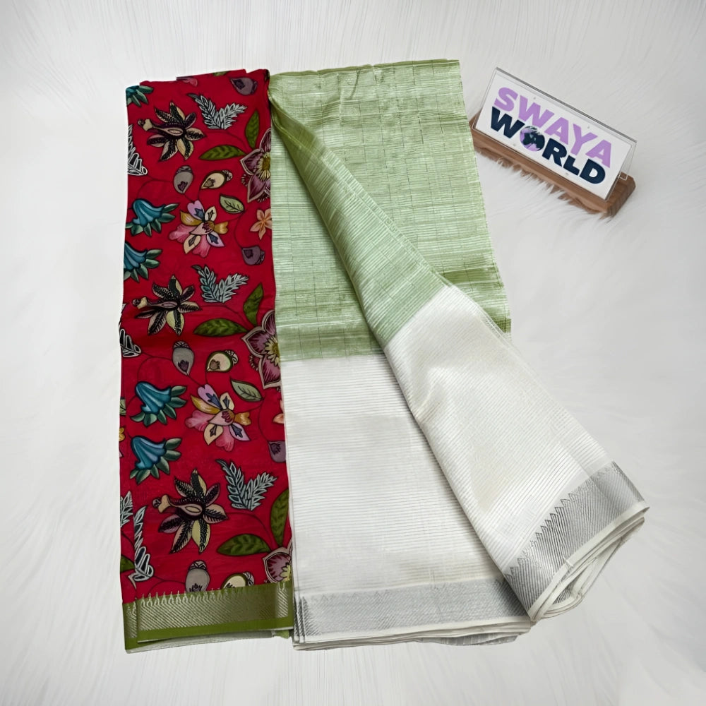 Red floral-patterned fabric and white saree with silver border on a white background, with 'Swaya World' branding.
