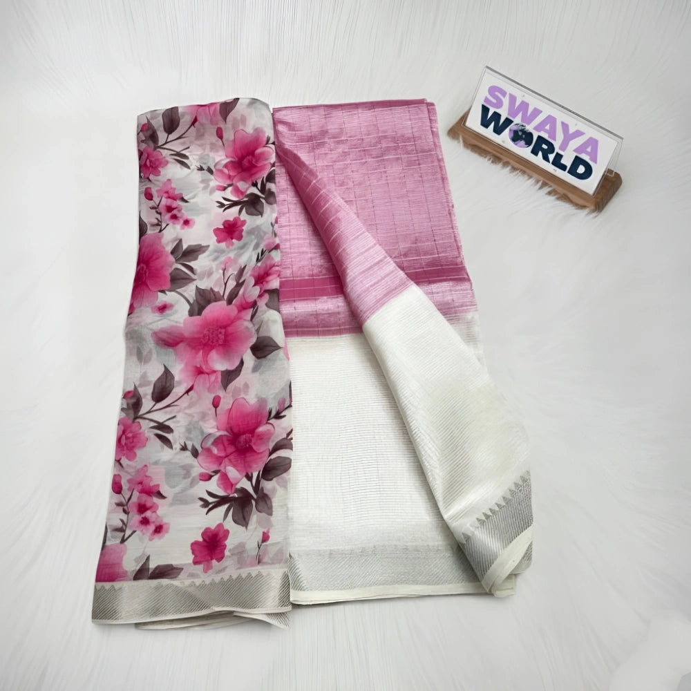 Floral saree with a plain pink border on a white background, featuring 'Swaya World' branding.