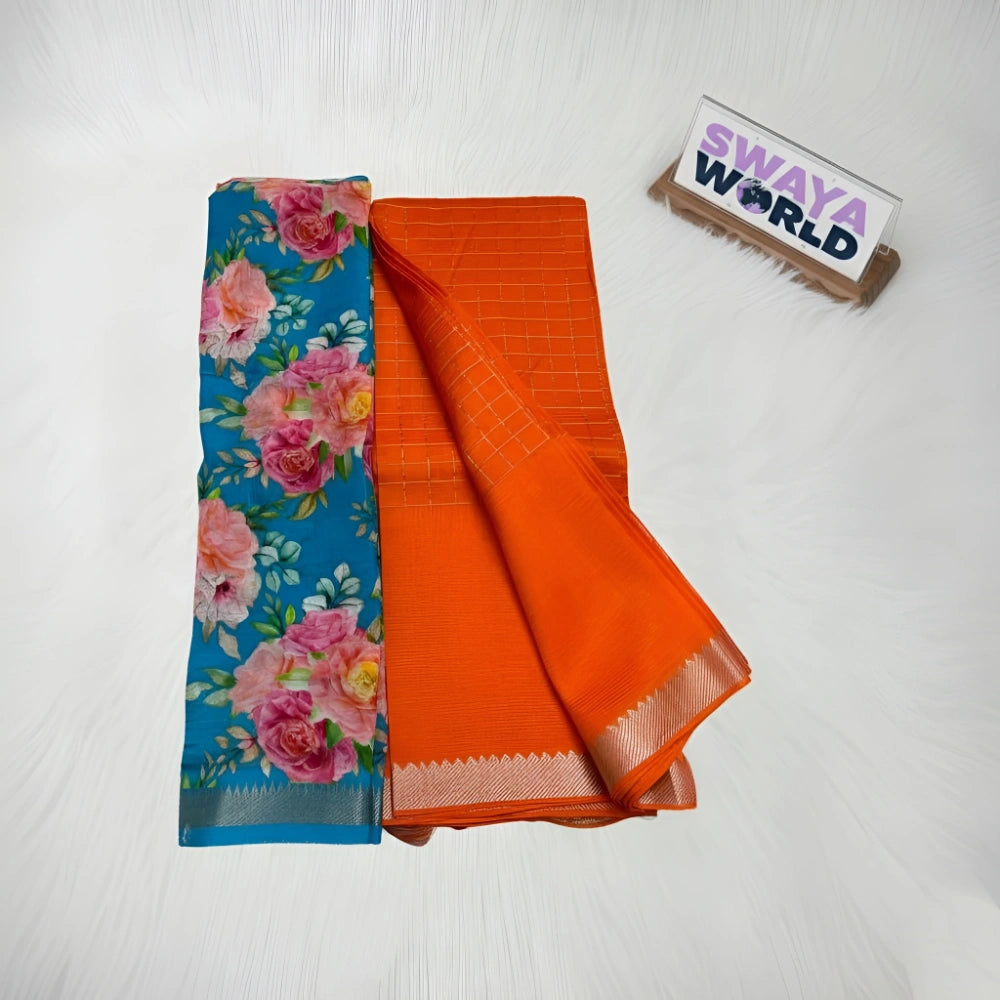 Two sarees, one floral blue and one orange with a grid pattern, next to a 'Swaya World' box on a white background.