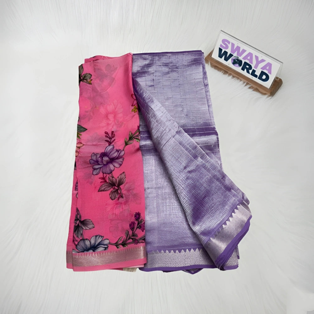 Two scarves, one pink with floral patterns and one purple with striped patterns, on a white surface with 'Swaya World' branding.