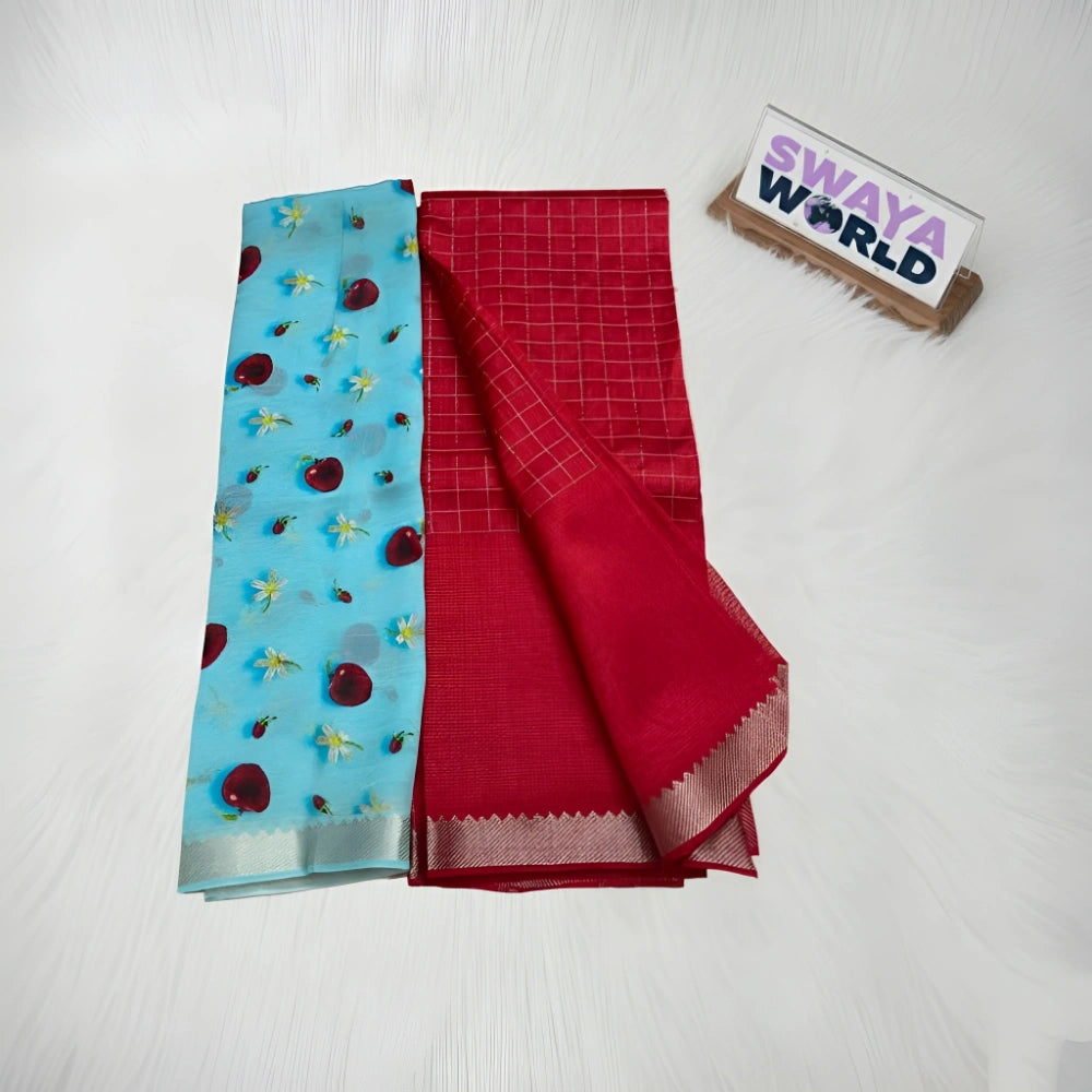 Two folded fabrics, one blue with patterns and one red with a grid pattern, on a white surface with 'Swaya World' branding.