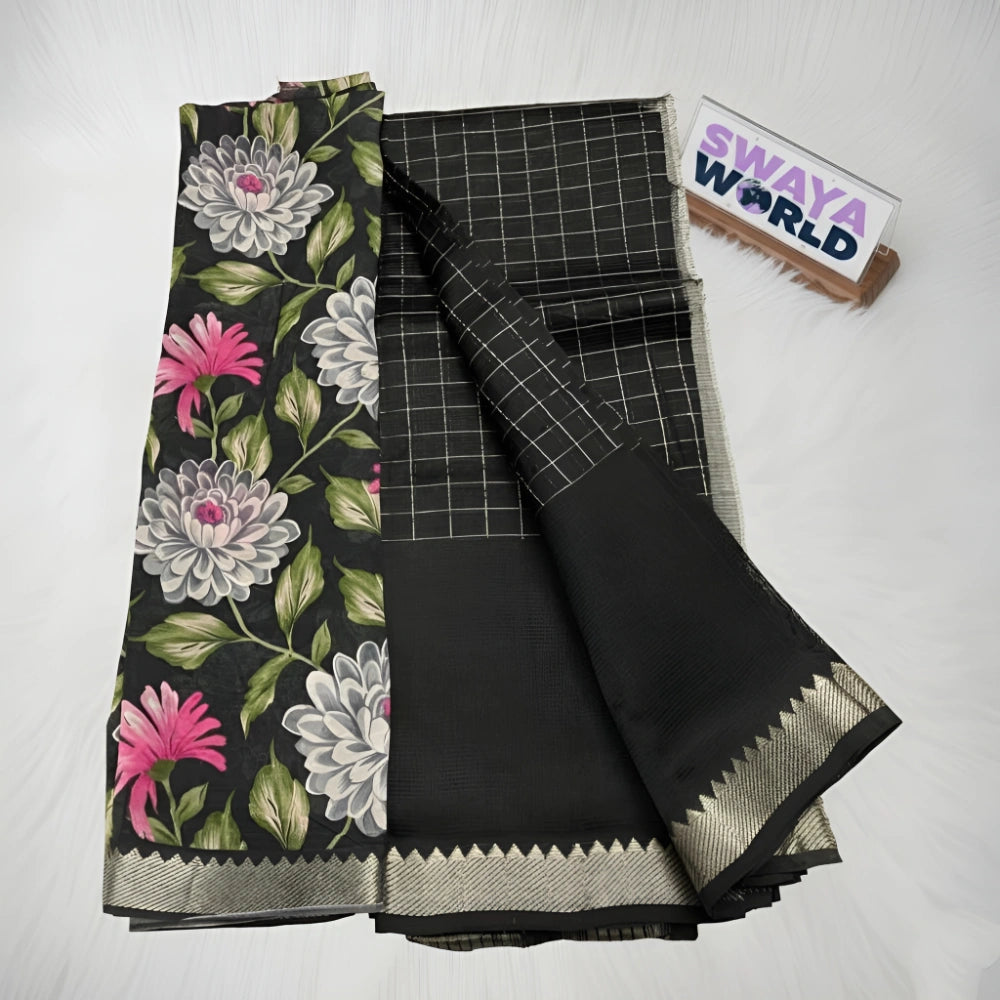 Black saree with floral patterns and a grid pattern, accompanied by a 'Swaya World' box.