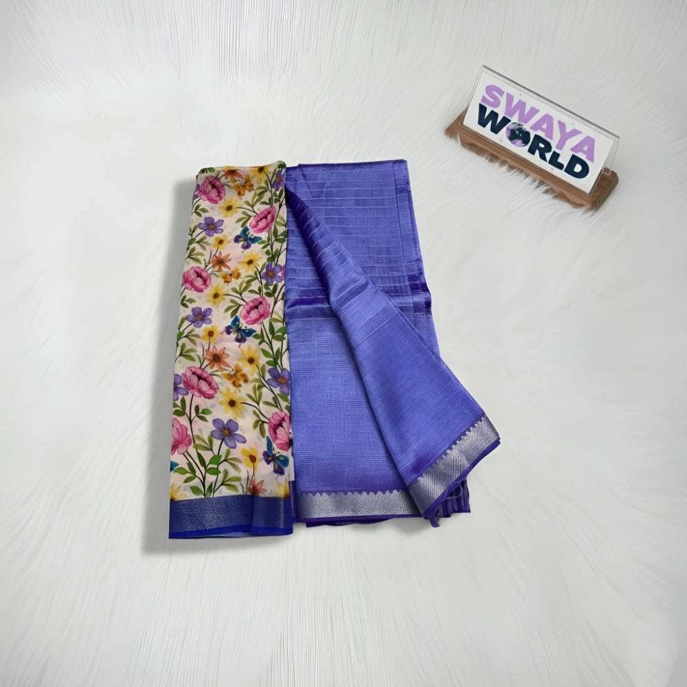 Two sarees, one floral and one blue, with a 'Swaya World' box on a white background.