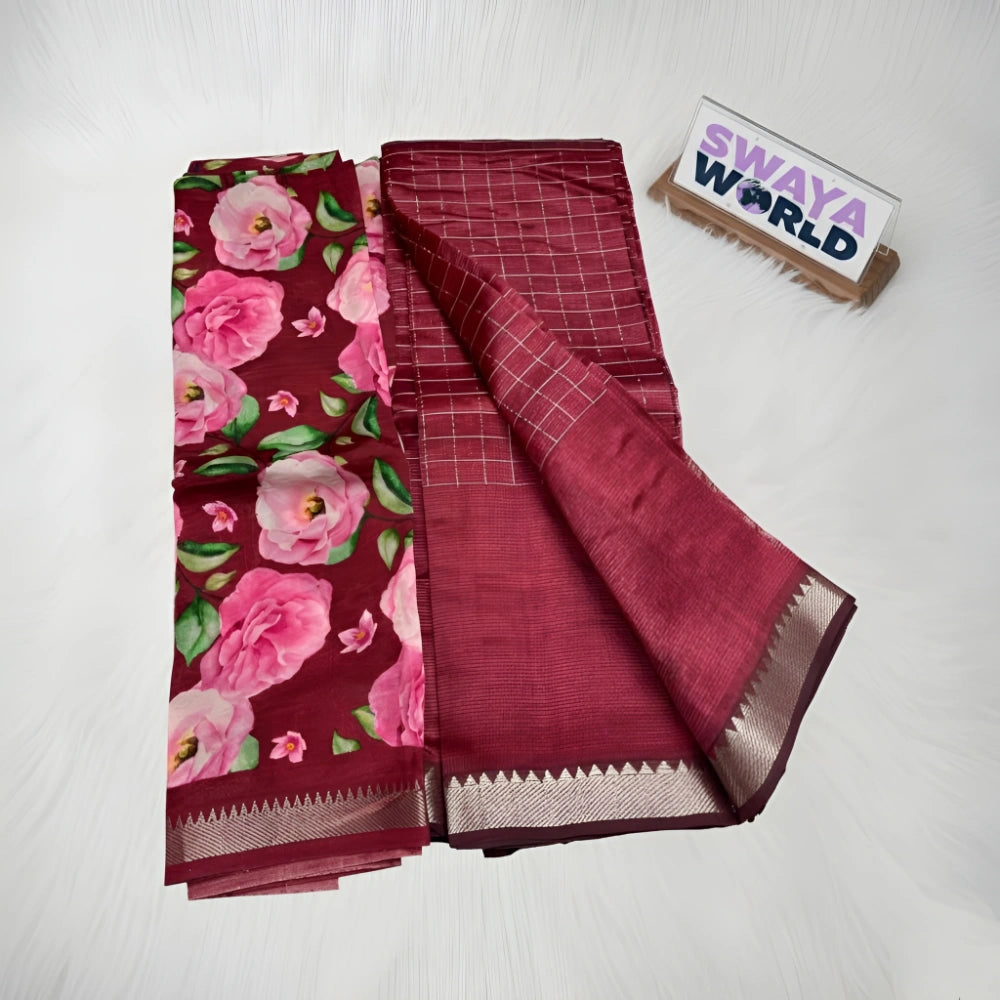Two maroon sarees with floral and checkered patterns on a white background, with 'Swaya World' branding.