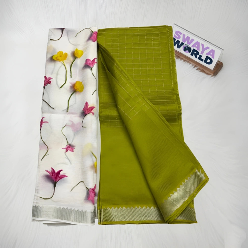 Green saree with floral pattern on a white background, branded 'Swaya World'.