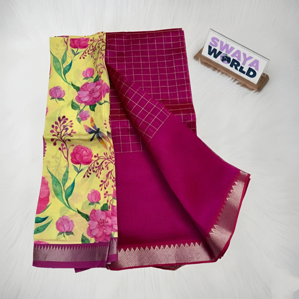 Pink saree with floral pattern and checkered design, branded 'Swaya World', on a white background