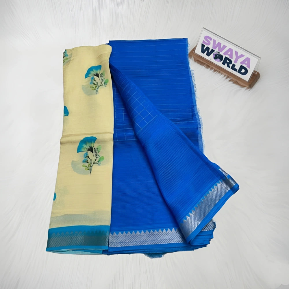 Blue and beige saree with floral patterns on a white background, branded 'Swaya World'.