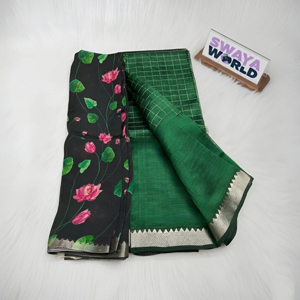 Green and black saree with floral patterns on a white background, branded 'Swaya World'.