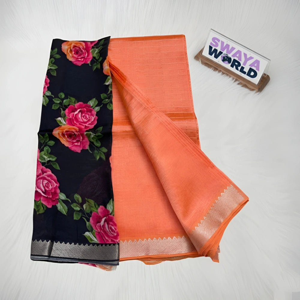 Two sarees, one with floral design and the other orange, on a white background with 'Swaya World' branding.