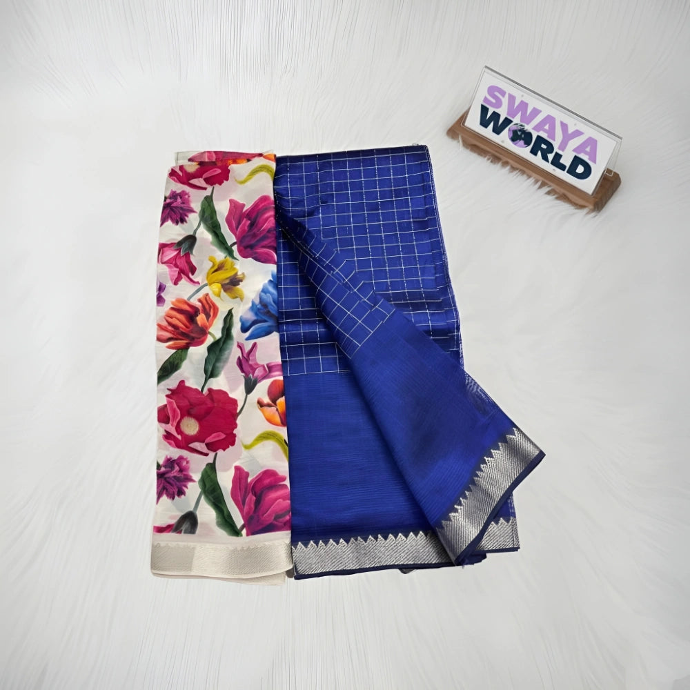 Two scarves, one floral and one blue with grid pattern, on a white surface with 'Swaya World' branding.
