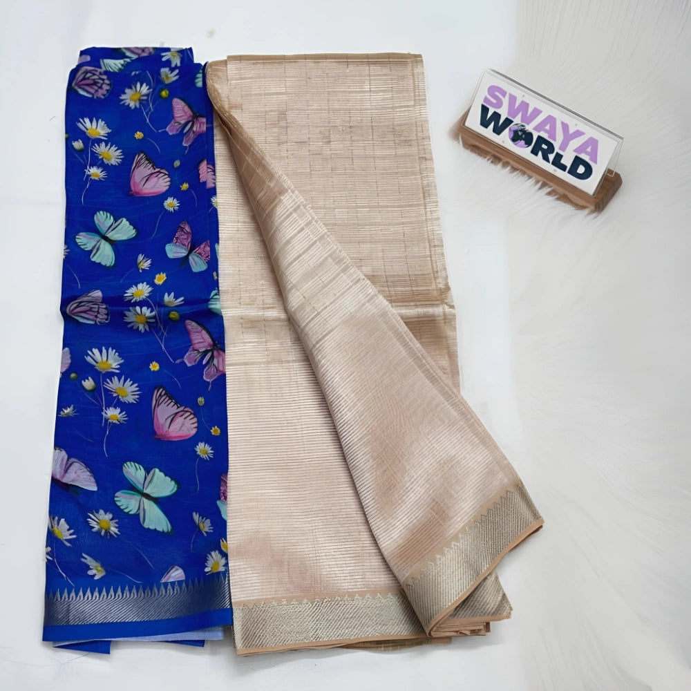 Two sarees, one blue with butterfly patterns and one beige, on a white background with 'Swaya World' branding.