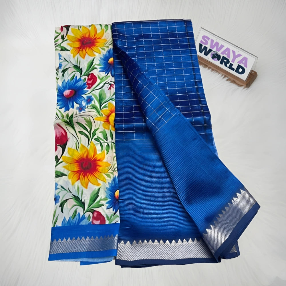 Two sarees, one with floral pattern and the other blue with grid design, on a white background. Swaya World branding visible.