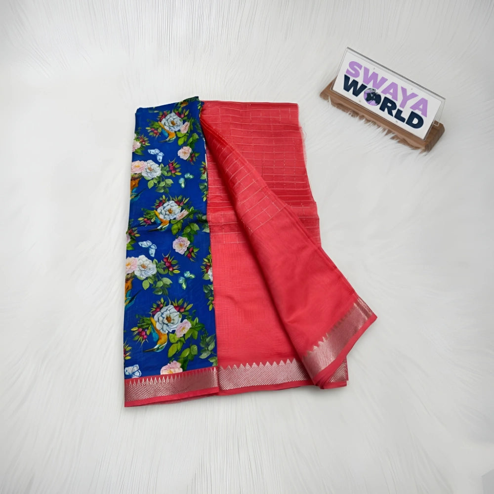 Blue floral and red saree with a 'Swaya World' box on a white background