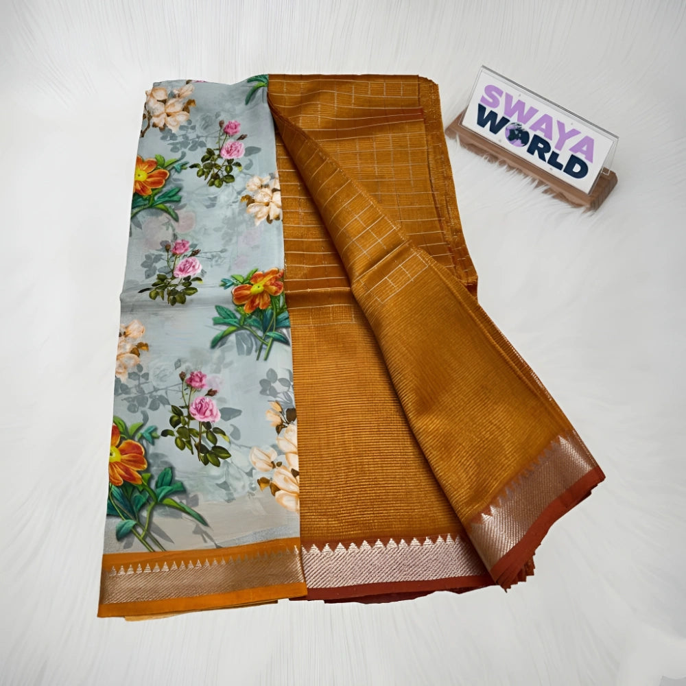 Two sarees, one with floral design and the other plain brown, on a white background with 'Swaya World' branding.