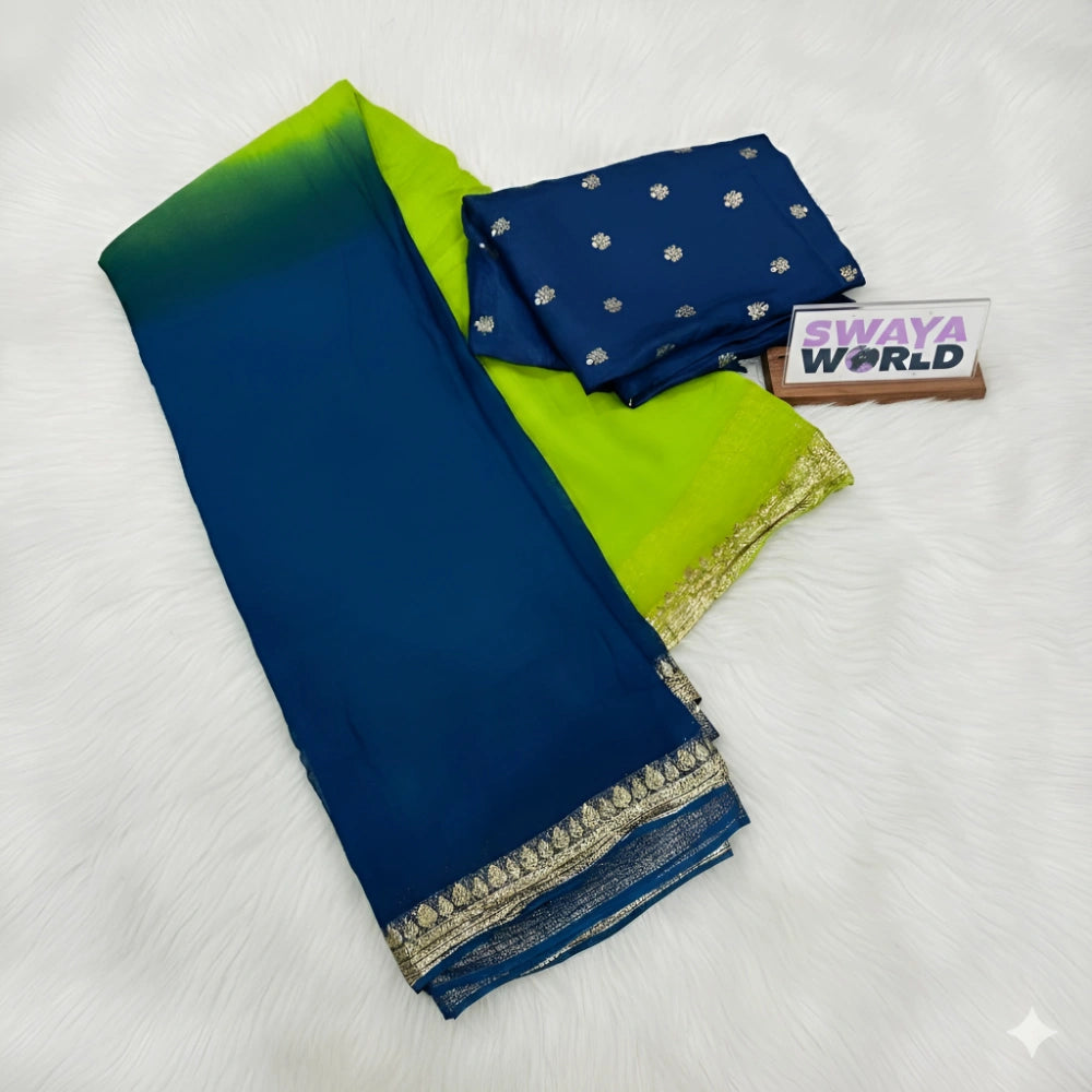 Pure Viscose Georgette Saree with Viscose Contrast Blouse in Green-Blue Shaded – Lightweight & Elegant Party Wear