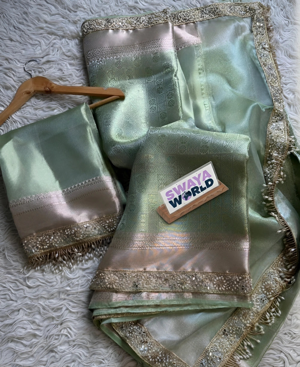 Celebrity-Inspired Banarasi Soft Tissue Saree with Waskat Weaving, Lace Work & Jacquard Contrast Blouse