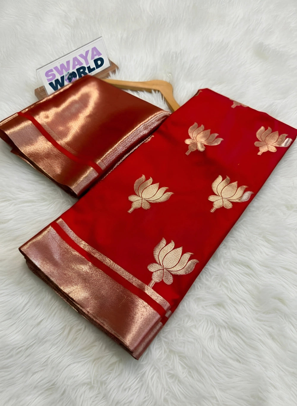 Kajol-Inspired Red Banarasi Soft Mashru Silk Saree with Lotus Zari Buta, Jacquard Brocade Blouse & Designer Border – Celebrity Collection