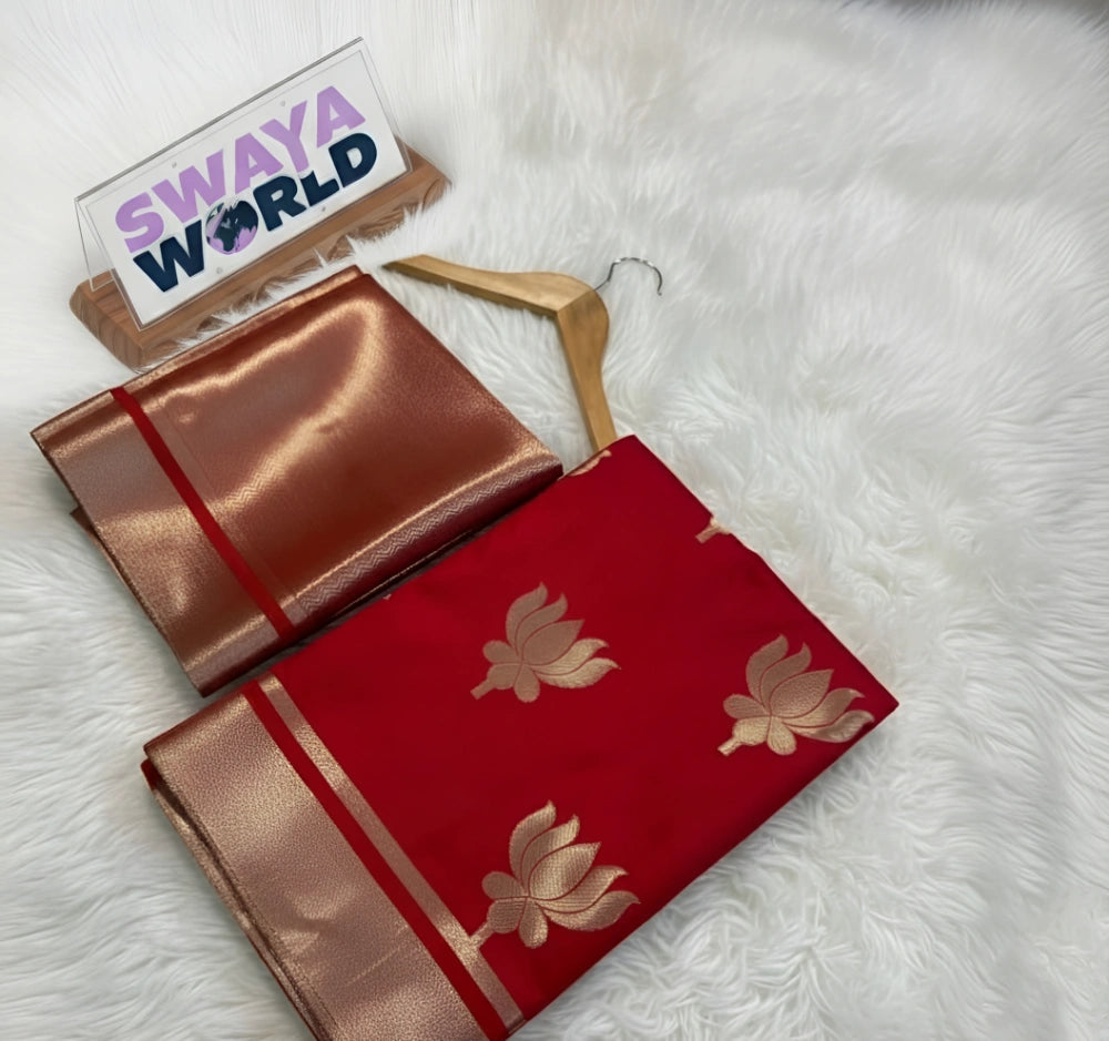 Kajol-Inspired Red Banarasi Soft Mashru Silk Saree with Lotus Zari Buta, Jacquard Brocade Blouse & Designer Border – Celebrity Collection