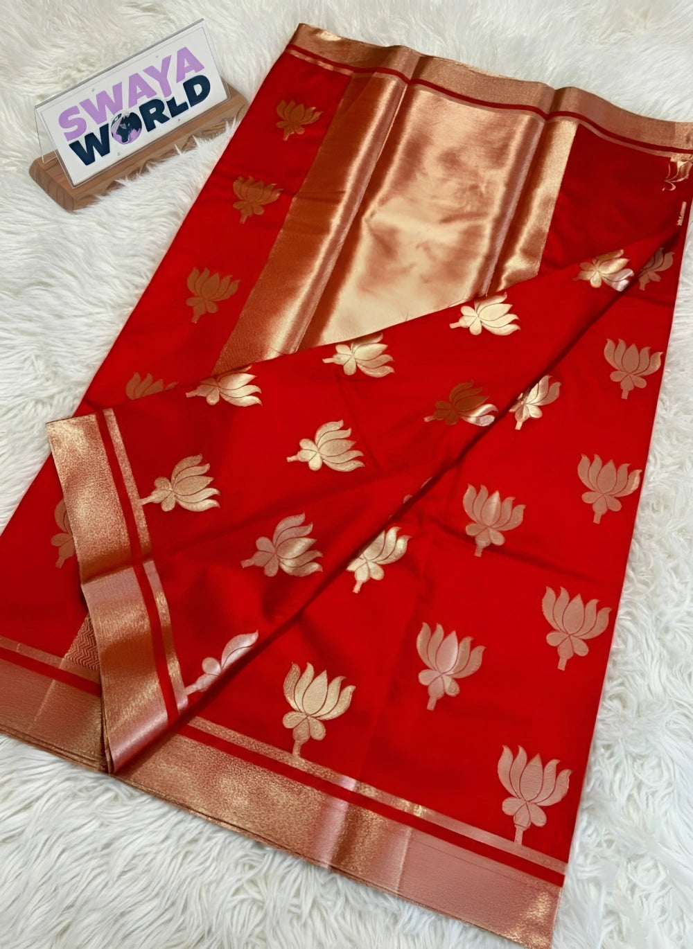 Kajol-Inspired Red Banarasi Soft Mashru Silk Saree with Lotus Zari Buta, Jacquard Brocade Blouse & Designer Border – Celebrity Collection
