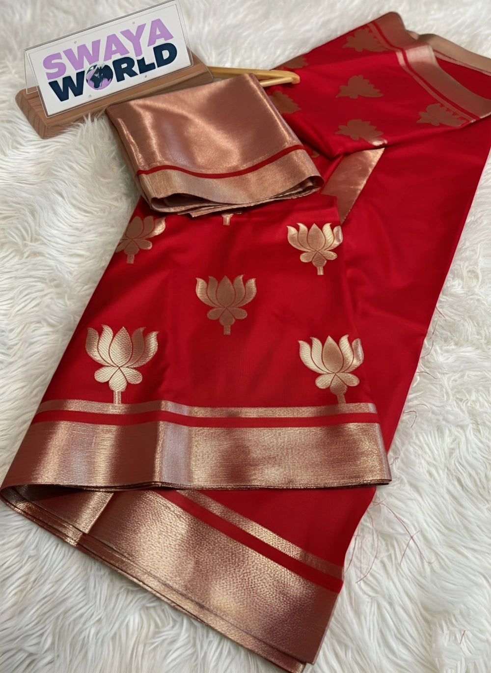 Kajol-Inspired Red Banarasi Soft Mashru Silk Saree with Lotus Zari Buta, Jacquard Brocade Blouse & Designer Border – Celebrity Collection