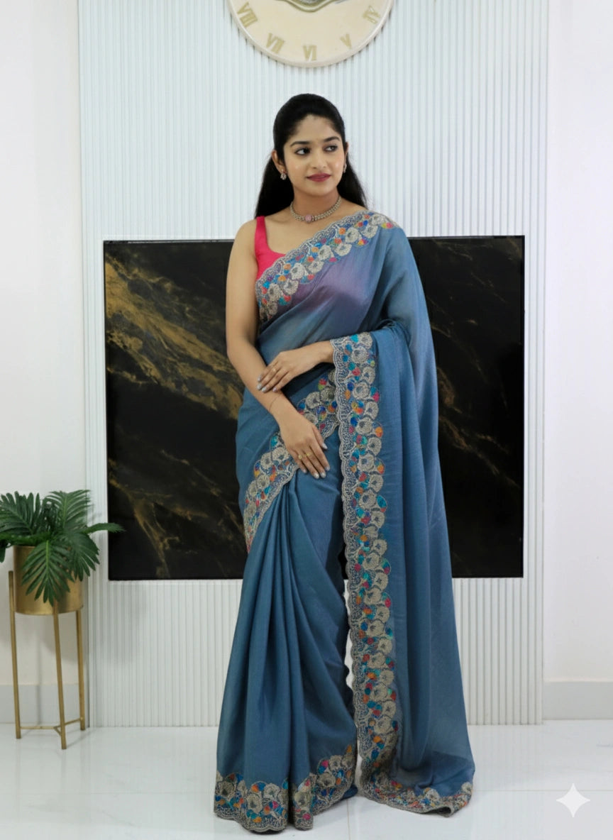 Soft Crush Silk Saree with Allover Sequins Butta, Thread Embroidery & Fancy Blouse