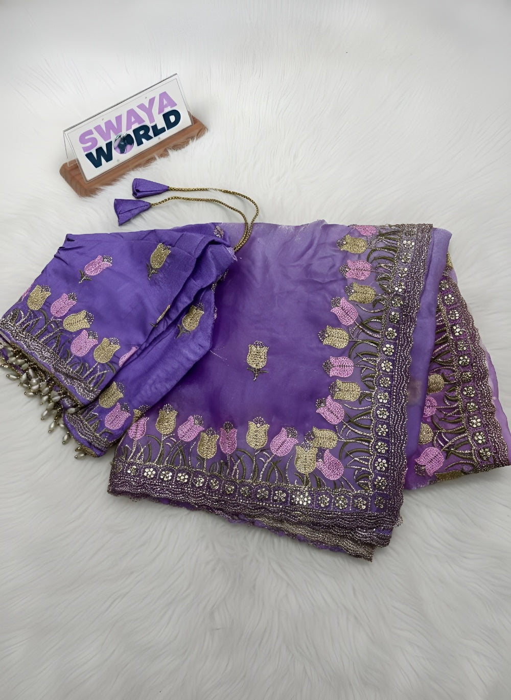 Pure Soft Fendy Padding Saree with Embroidery Border, Jharkhand Touch-Up & Stitched Silk Blouse