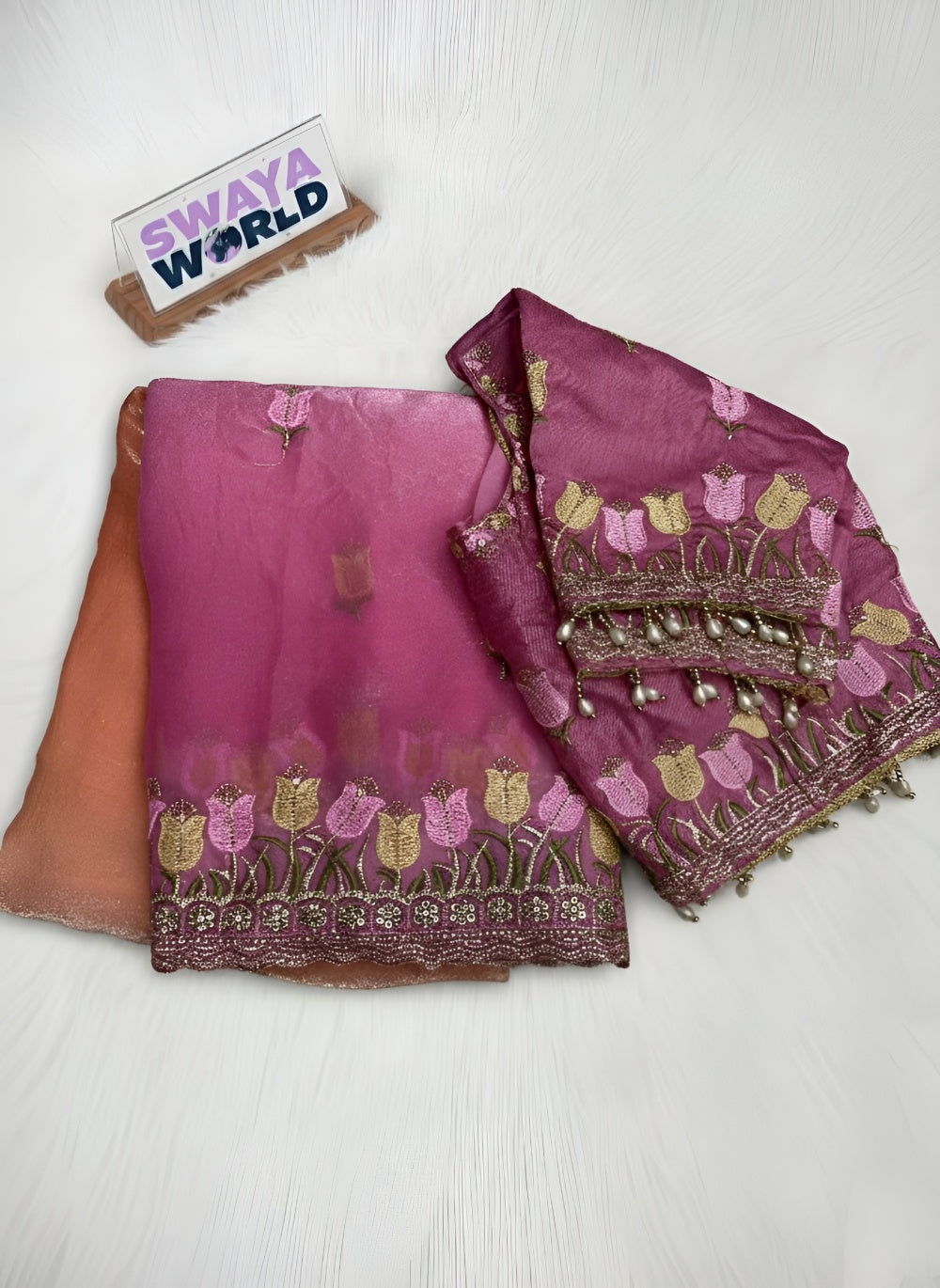 Pure Soft Fendy Padding Saree with Embroidery Border, Jharkhand Touch-Up & Stitched Silk Blouse