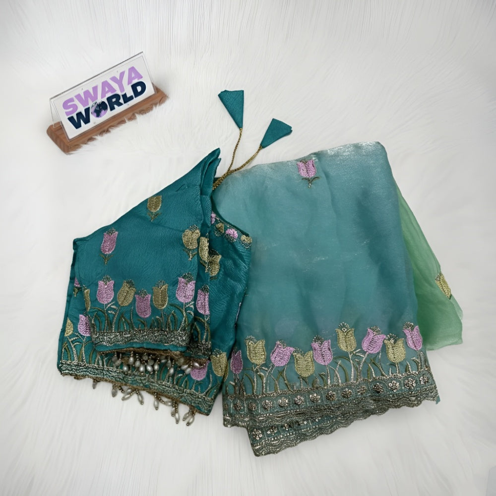 Pure Soft Fendy Padding Saree with Embroidery Border, Jharkhand Touch-Up & Stitched Silk Blouse