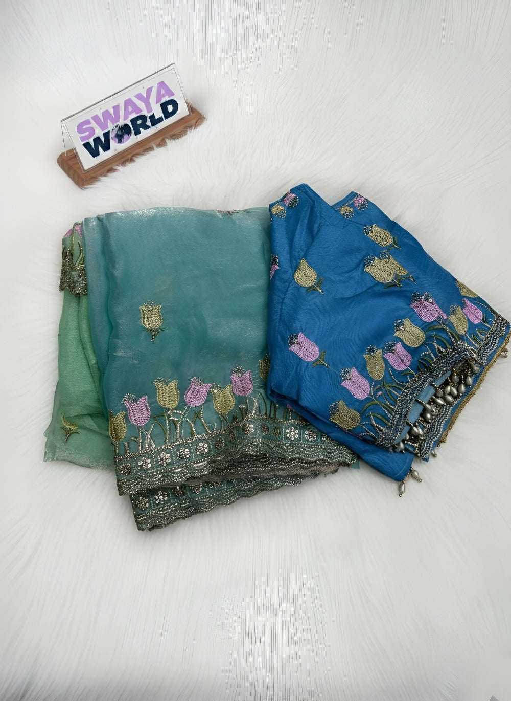 Pure Soft Fendy Padding Saree with Embroidery Border, Jharkhand Touch-Up & Stitched Silk Blouse