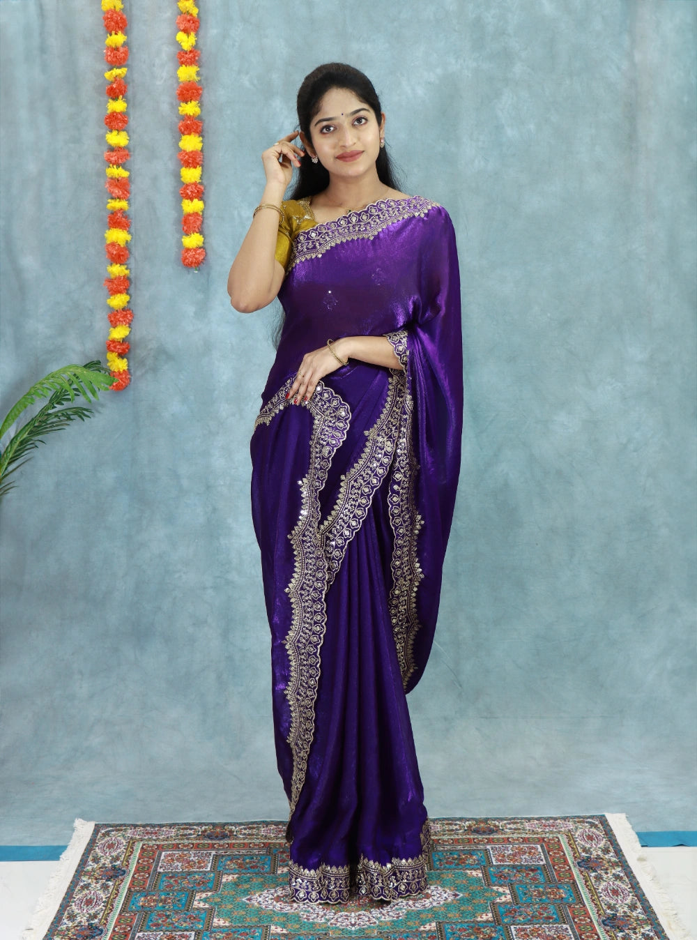 Violet Soft Space Silk Fendy Satin Saree with Gold Zari, Sequins & Scalloped Border – Contrast Embroidered Blouse