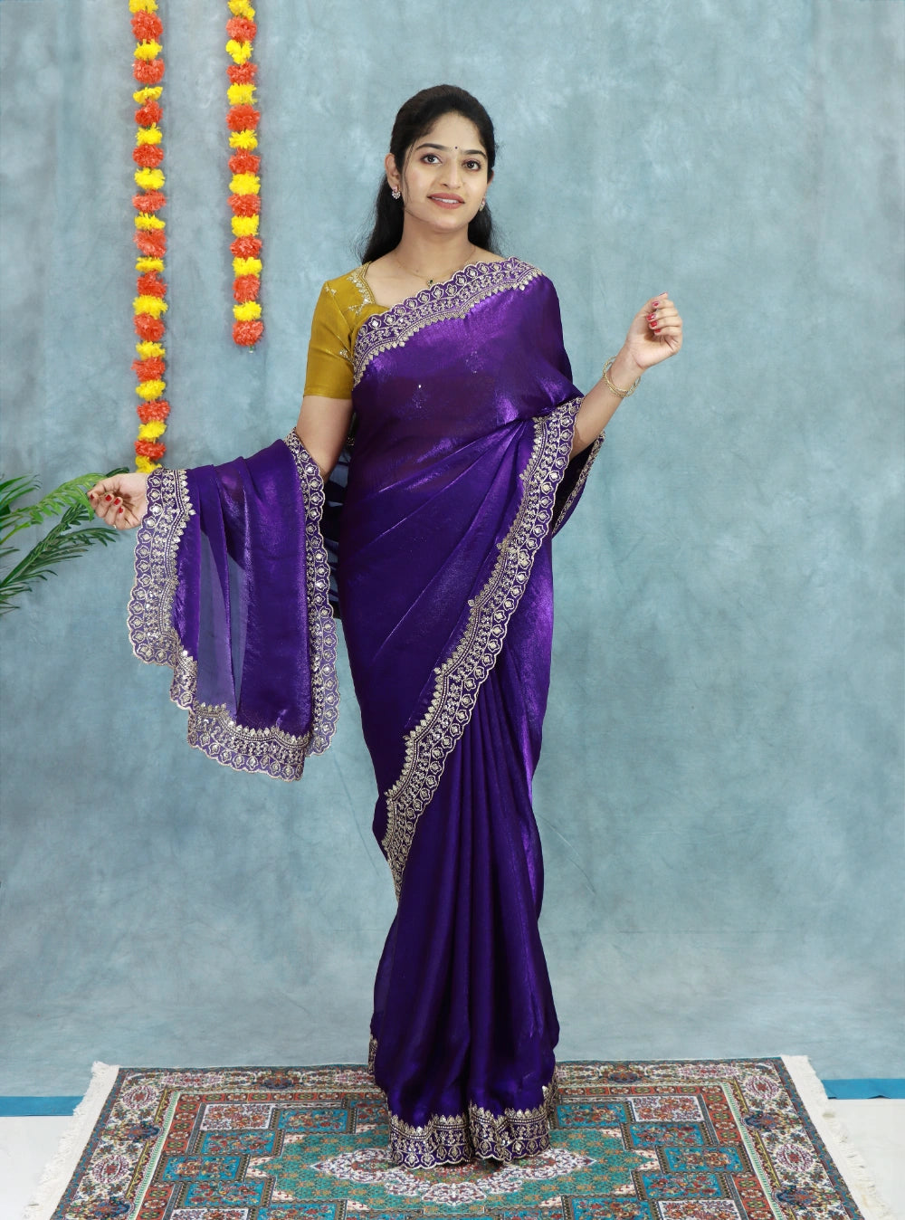 Violet Soft Space Silk Fendy Satin Saree with Gold Zari, Sequins & Scalloped Border – Contrast Embroidered Blouse