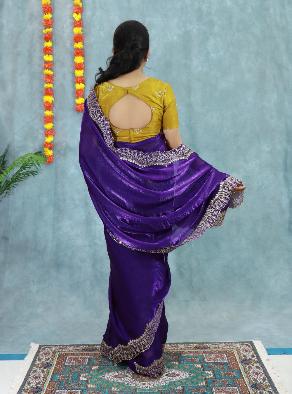 Violet Soft Space Silk Fendy Satin Saree with Gold Zari, Sequins & Scalloped Border – Contrast Embroidered Blouse