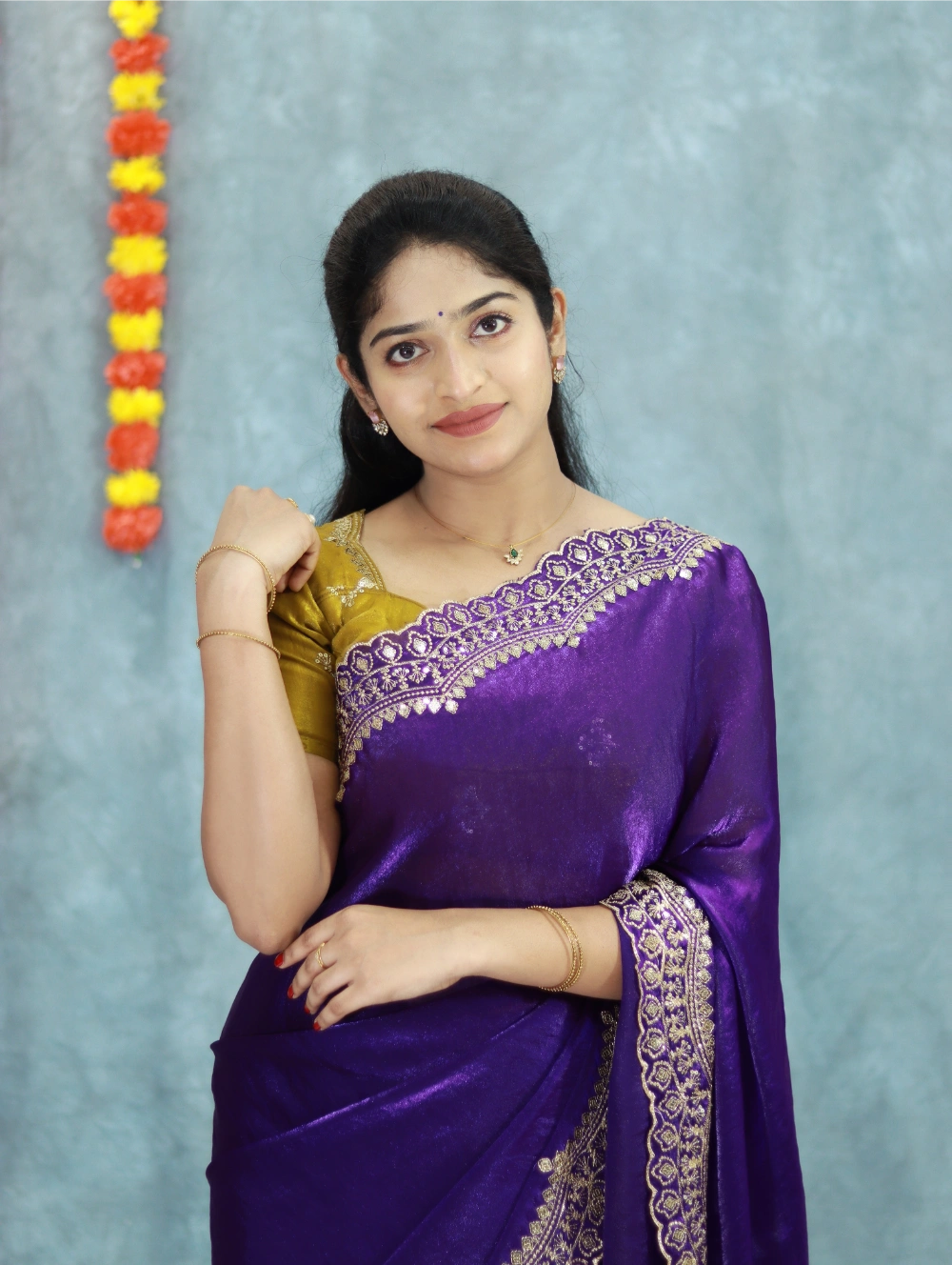 Violet Soft Space Silk Fendy Satin Saree with Gold Zari, Sequins & Scalloped Border – Contrast Embroidered Blouse