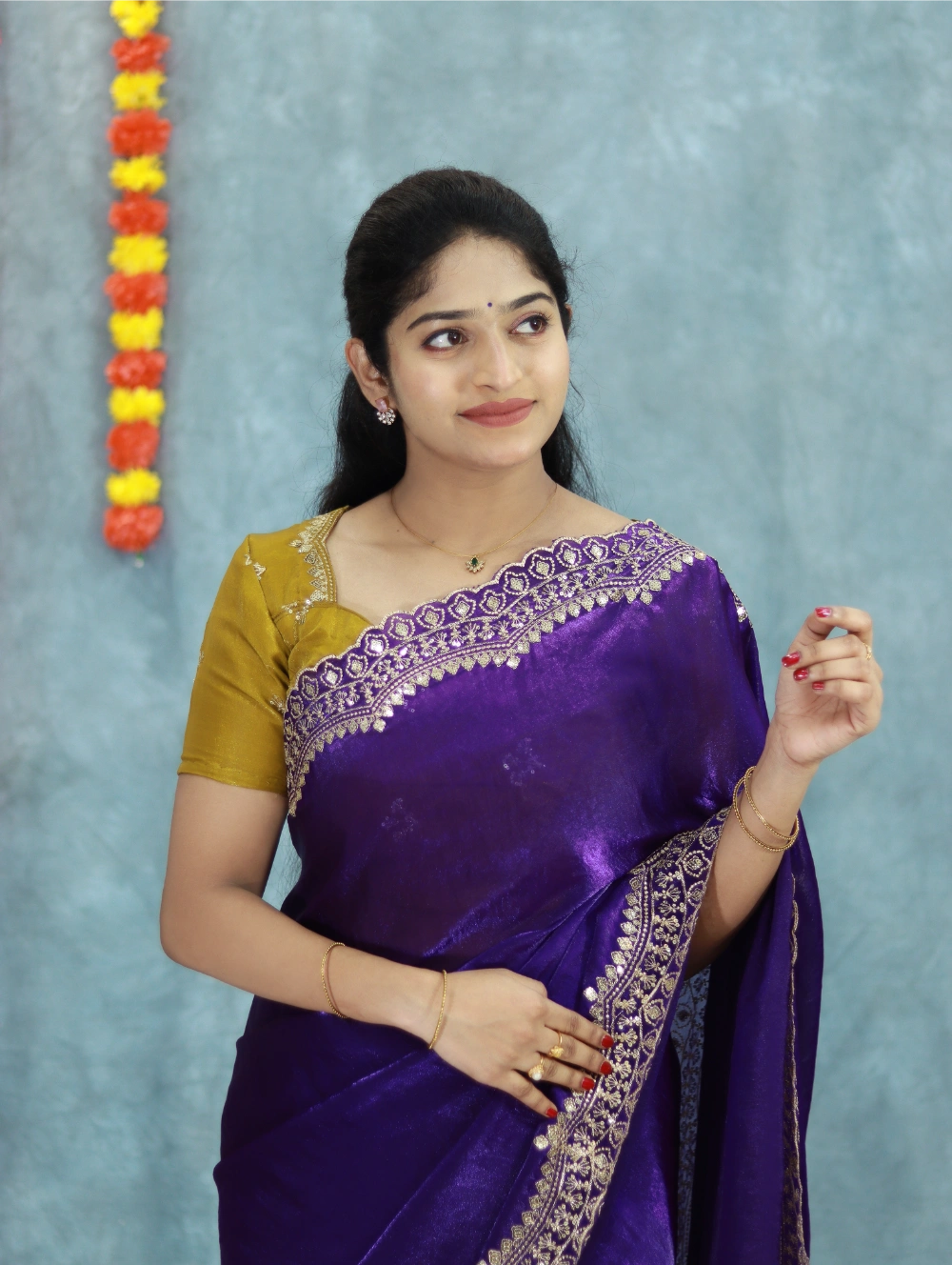 Violet Soft Space Silk Fendy Satin Saree with Gold Zari, Sequins & Scalloped Border – Contrast Embroidered Blouse