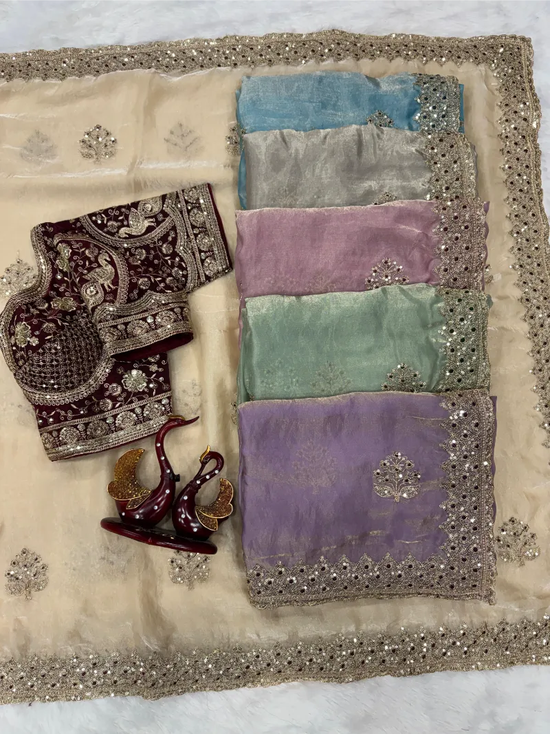 Premium Frendy Satin Saree with Sequence & Zari Embroidery – Heavy Stitched Blouse