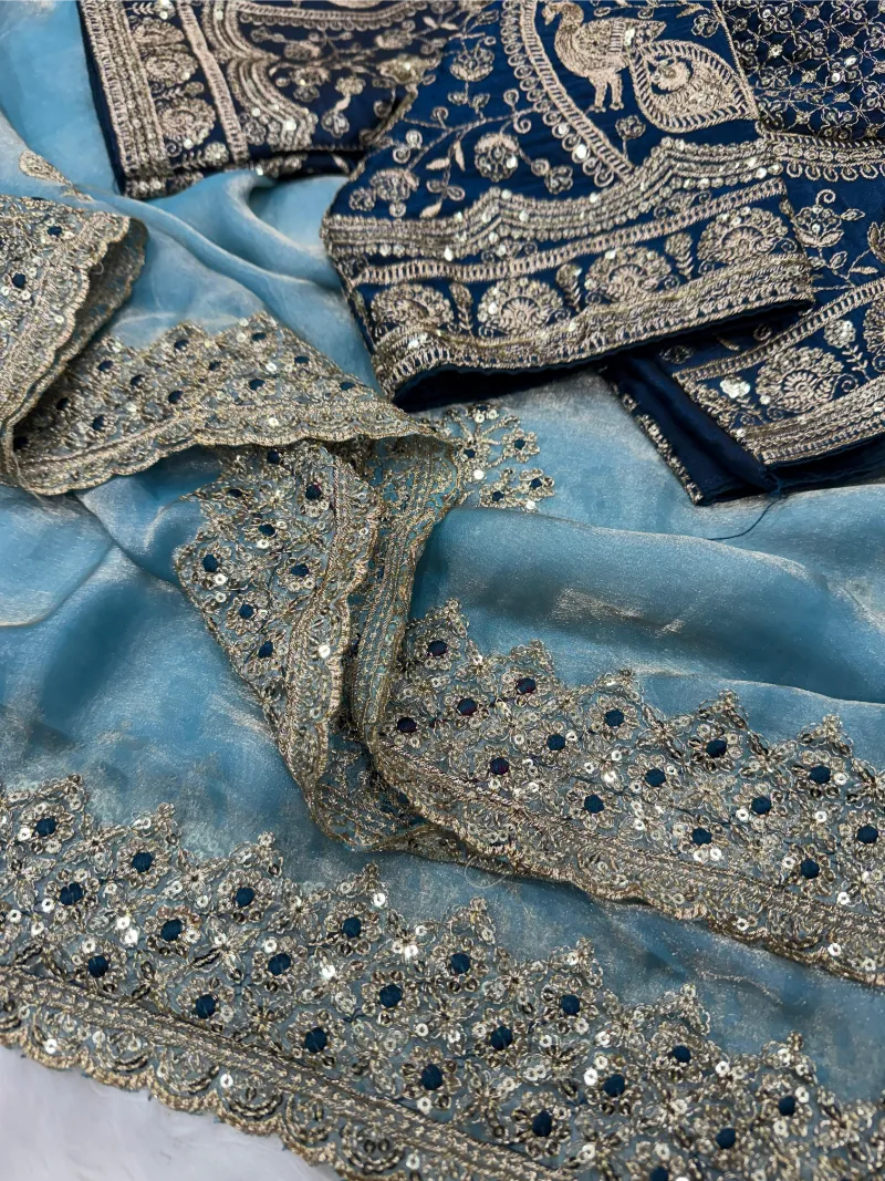 Premium Frendy Satin Saree with Sequence & Zari Embroidery – Heavy Stitched Blouse