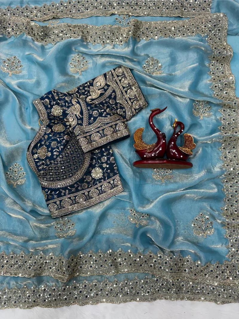 Premium Frendy Satin Saree with Sequence & Zari Embroidery – Heavy Stitched Blouse