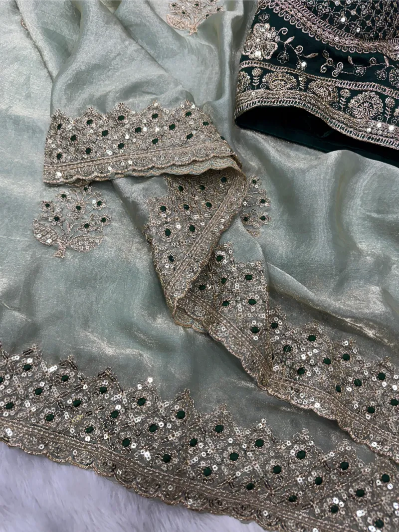 Premium Frendy Satin Saree with Sequence & Zari Embroidery – Heavy Stitched Blouse