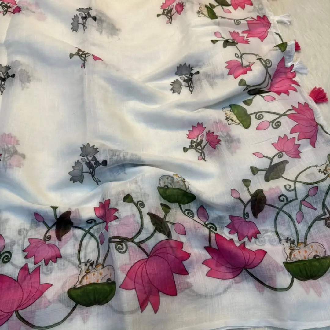 Premium Pichwai Linen Saree with All‑Over Digital Print & Coordinated Blouse