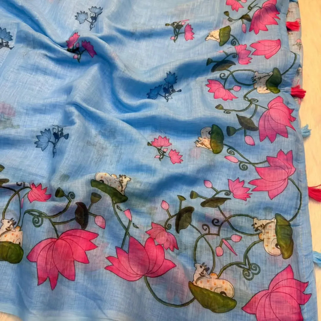 Premium Pichwai Linen Saree with All‑Over Digital Print & Coordinated Blouse