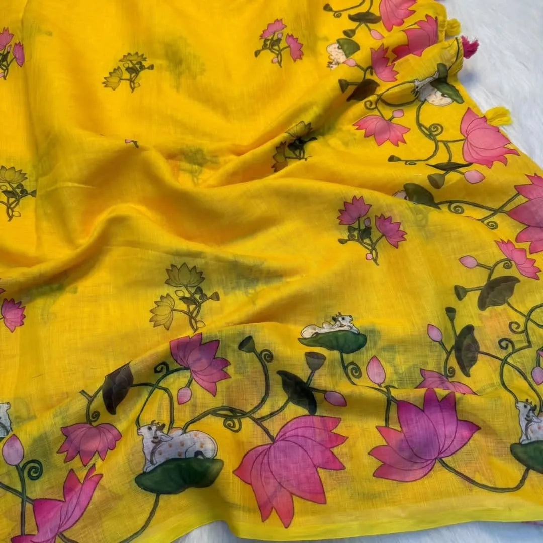 Premium Pichwai Linen Saree with All‑Over Digital Print & Coordinated Blouse