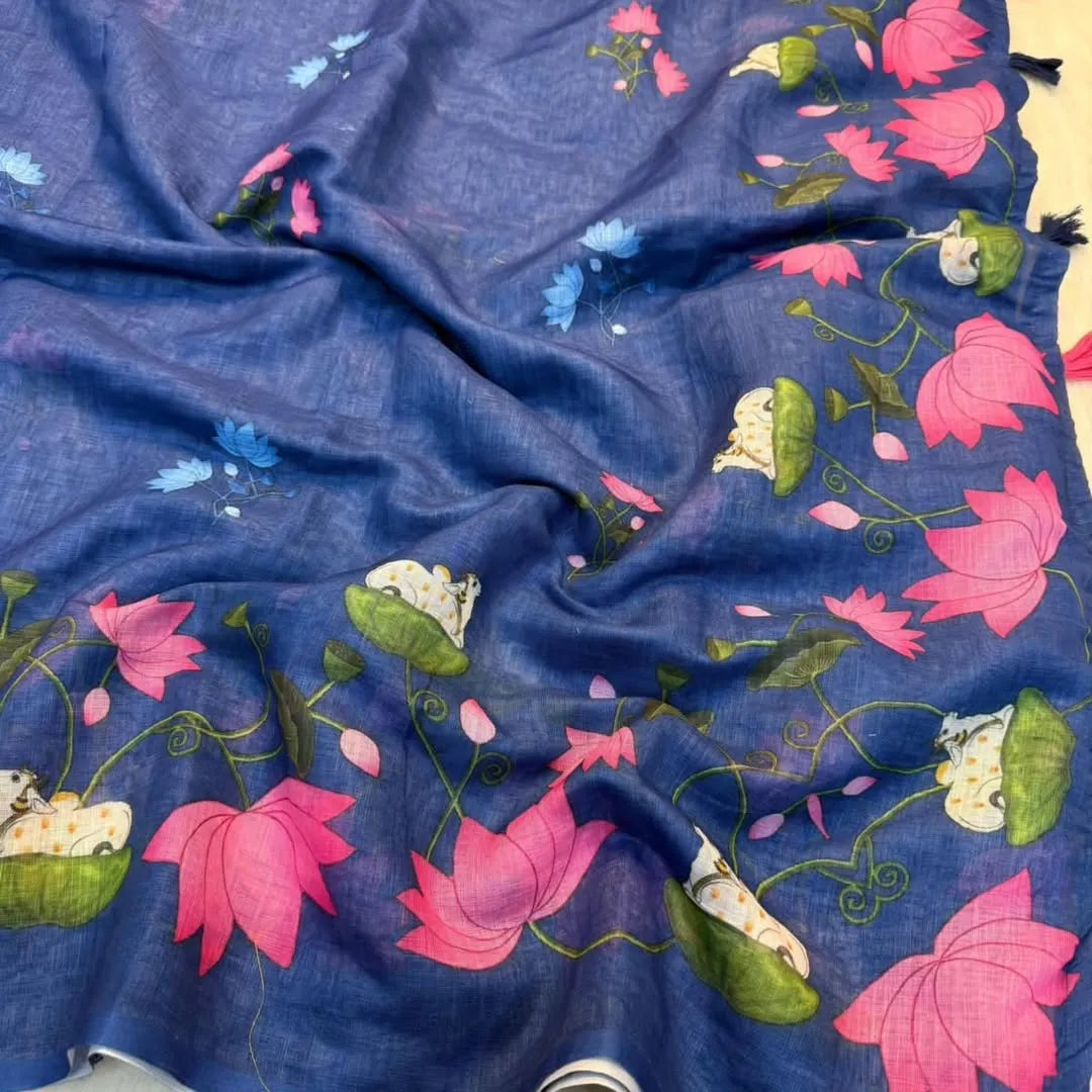 Premium Pichwai Linen Saree with All‑Over Digital Print & Coordinated Blouse