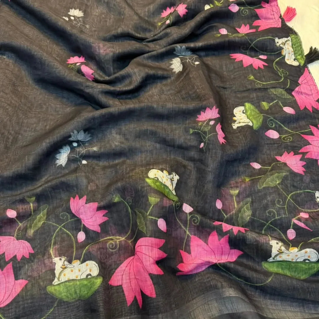 Premium Pichwai Linen Saree with All‑Over Digital Print & Coordinated Blouse