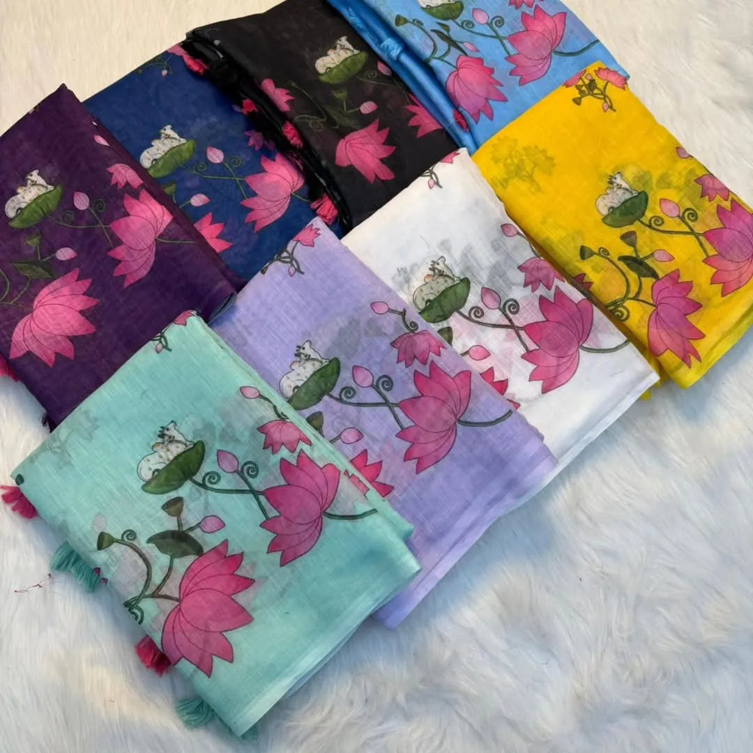 Premium Pichwai Linen Saree with All‑Over Digital Print & Coordinated Blouse